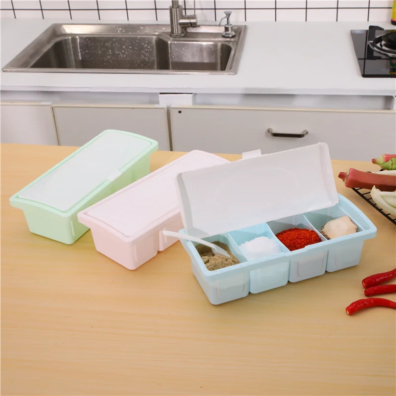 

4 Grids Seasoning Box Condiment Storage Container Rack Spice Jar With Spoon Spice Box Storage Container Condiment Jars for Spice