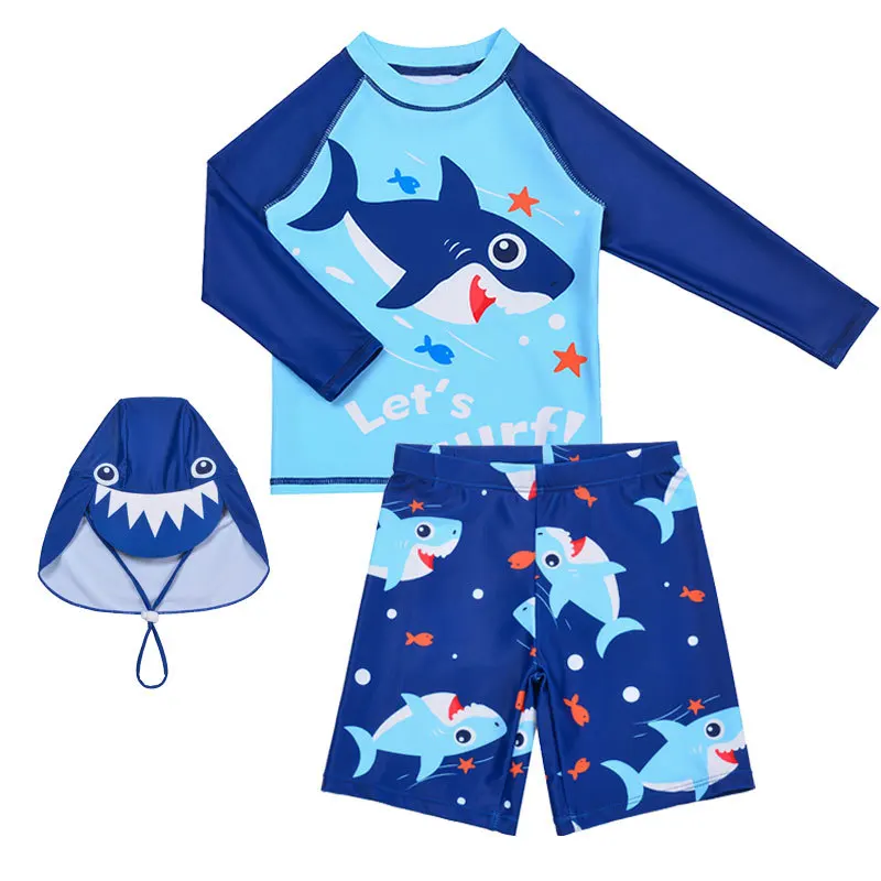 3 Pcs Boy's Swimsuit Sun Protection UPF 50+ Long Sleeve Swimming Sunsuit With Hat Split Bathing Suits Children boys swimwear