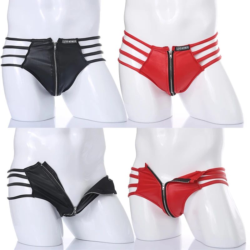 CLEVER-MENMODE Sexy Men's Underwear PU Faux Leather Thong BDSM Bandage Zipper Briefs Jockstraps Erotic Lingerie String Panties