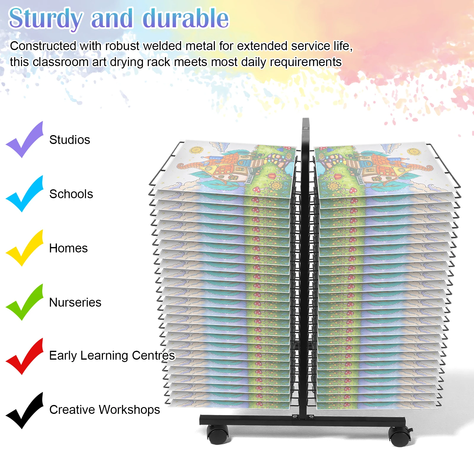 Metal Art Drying Rack 50-Tier Double Sided 42x31cm 2cm Spacing for Studio School Home Kids Art Crafts