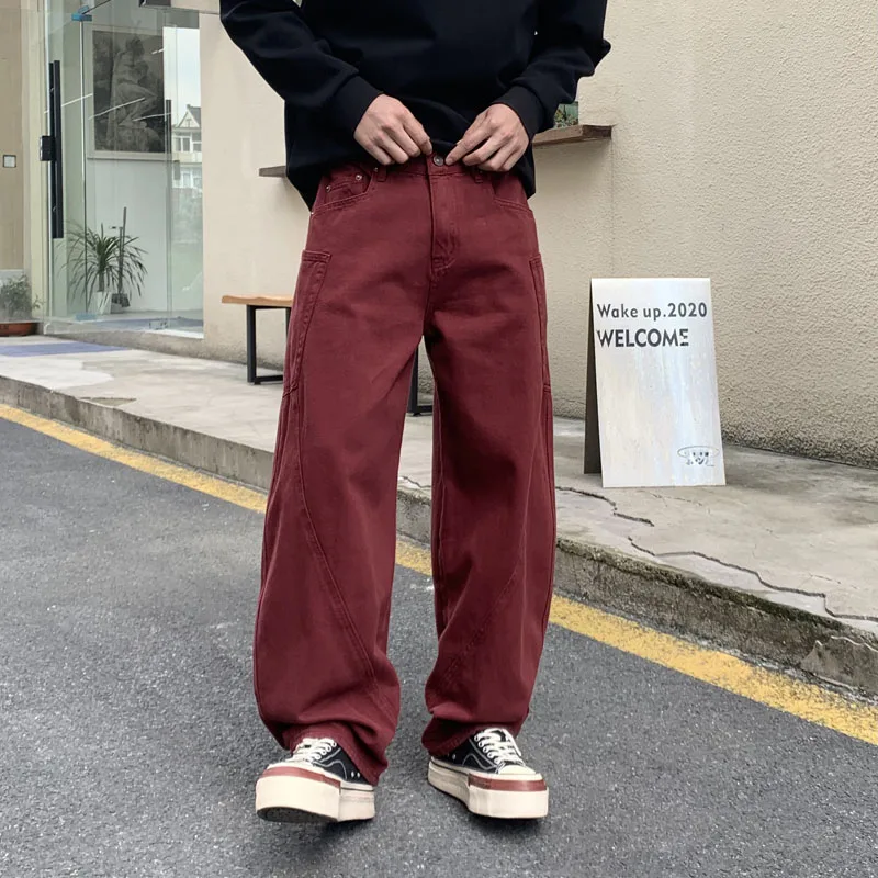 Loosen Jacquard Pattern Denim Pants Men Straight Leg Fit Trousers