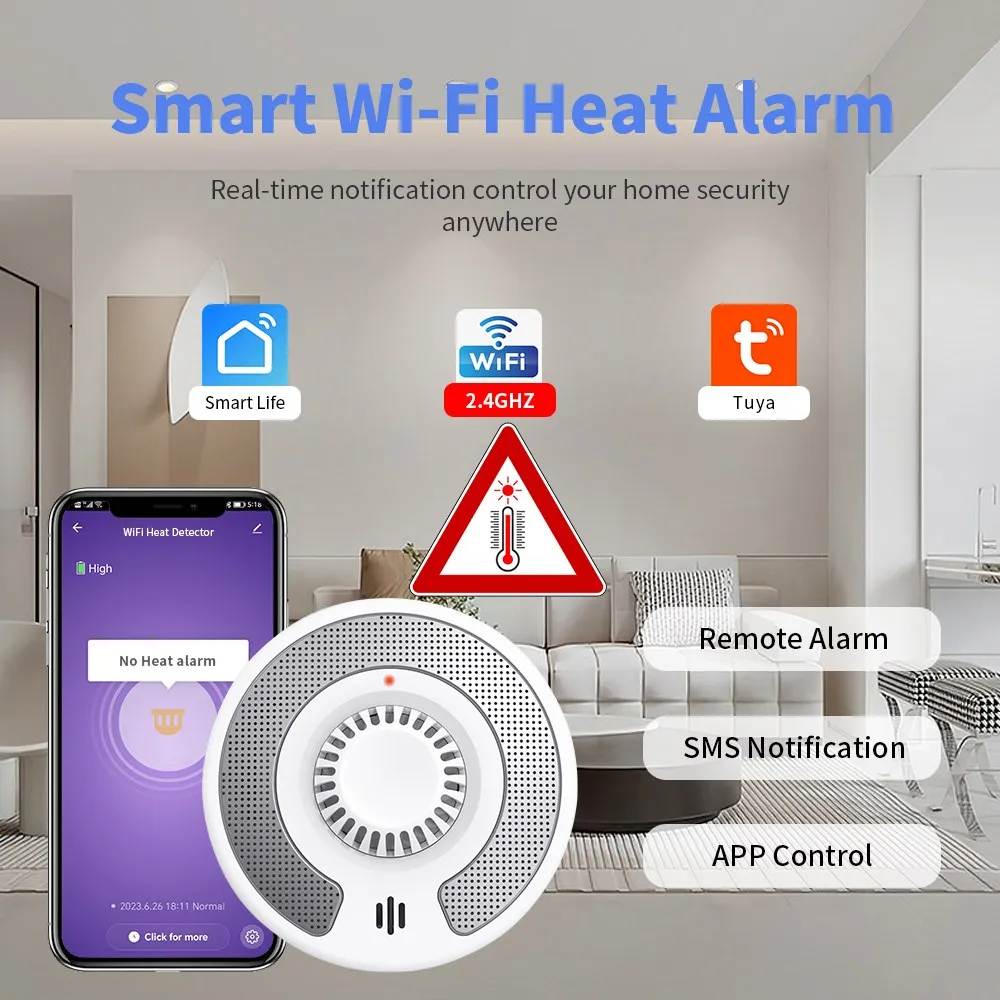 Smart Heat Detector Tuya APP 10Year Battery Fire Temperature Sensor Alarm Wi-Fi Heat Alarm Fire Home Security Smart Home