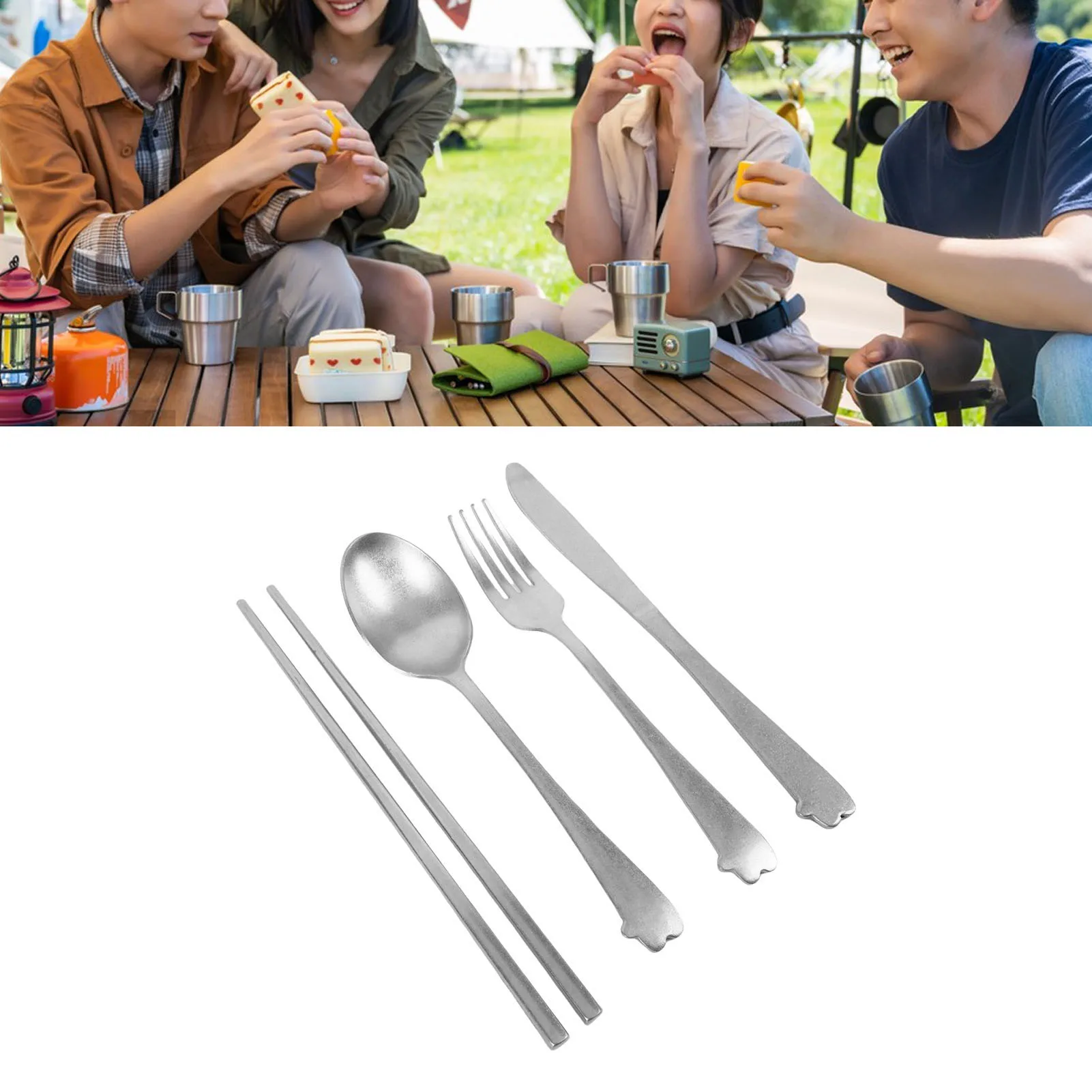 스테인레스 스틸 스푼 포크 커터 젓가락 캠핑 식기 세트 휴대용 수저 세트 빈티지 실버 완전 경량