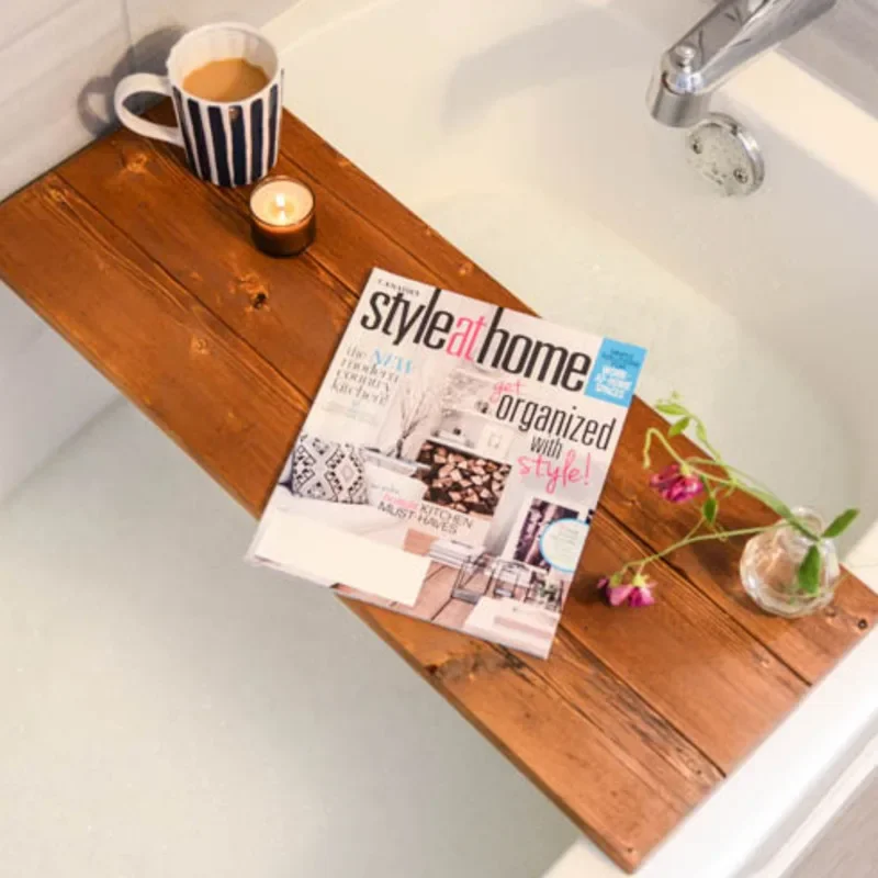 Solid Wood Bathtub Organizer Divider Shelf for Spa Hotel & Airbnb Bathrooms Natural Waterproof Storage with Bath Tray