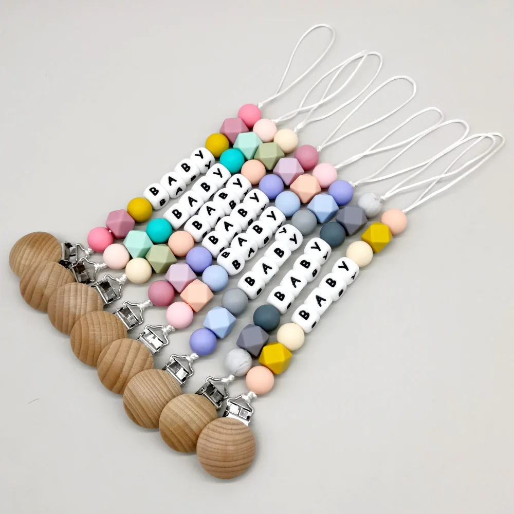 Customized English Name Baby Cartoon Silicone Round Beads Pendant Pacifier Clips Chains Holder Teether Baby Kawaii Toy
