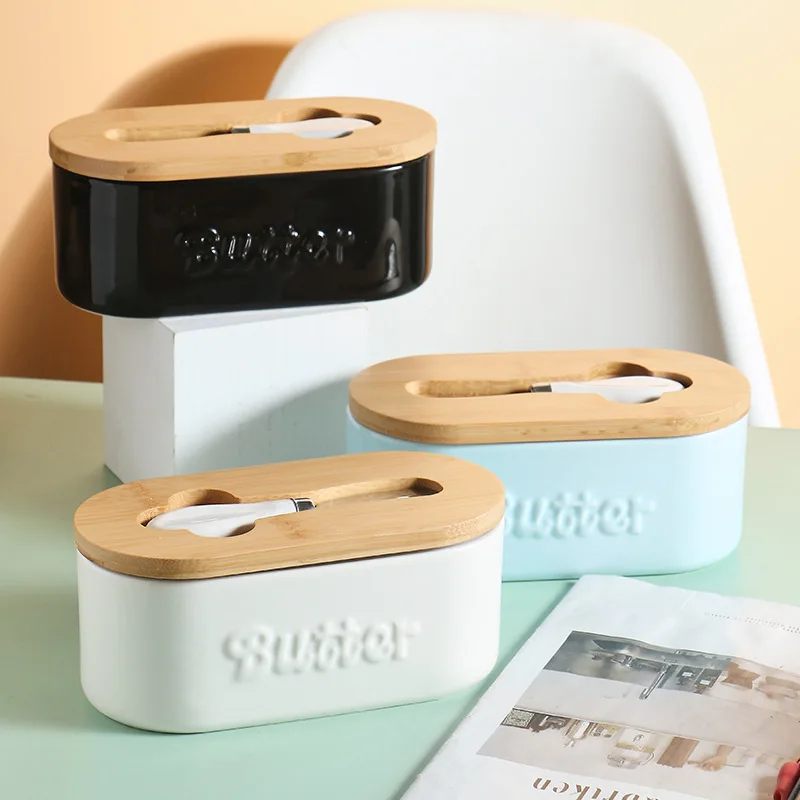 

Ceramic Butter Box Butter Box Fresh-keeping Belt Wood with Knife Set Butter Dish Household Cheese Box Ceramic