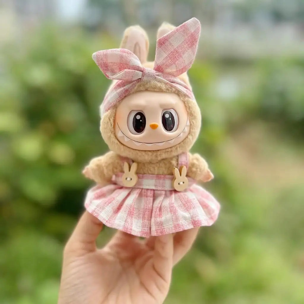 Mini Plush Doll'S Clothes Outfit Accessories For Labubu Idol V1 V2 sitting party Candy plaid skirt headband set Clothing Gift 3