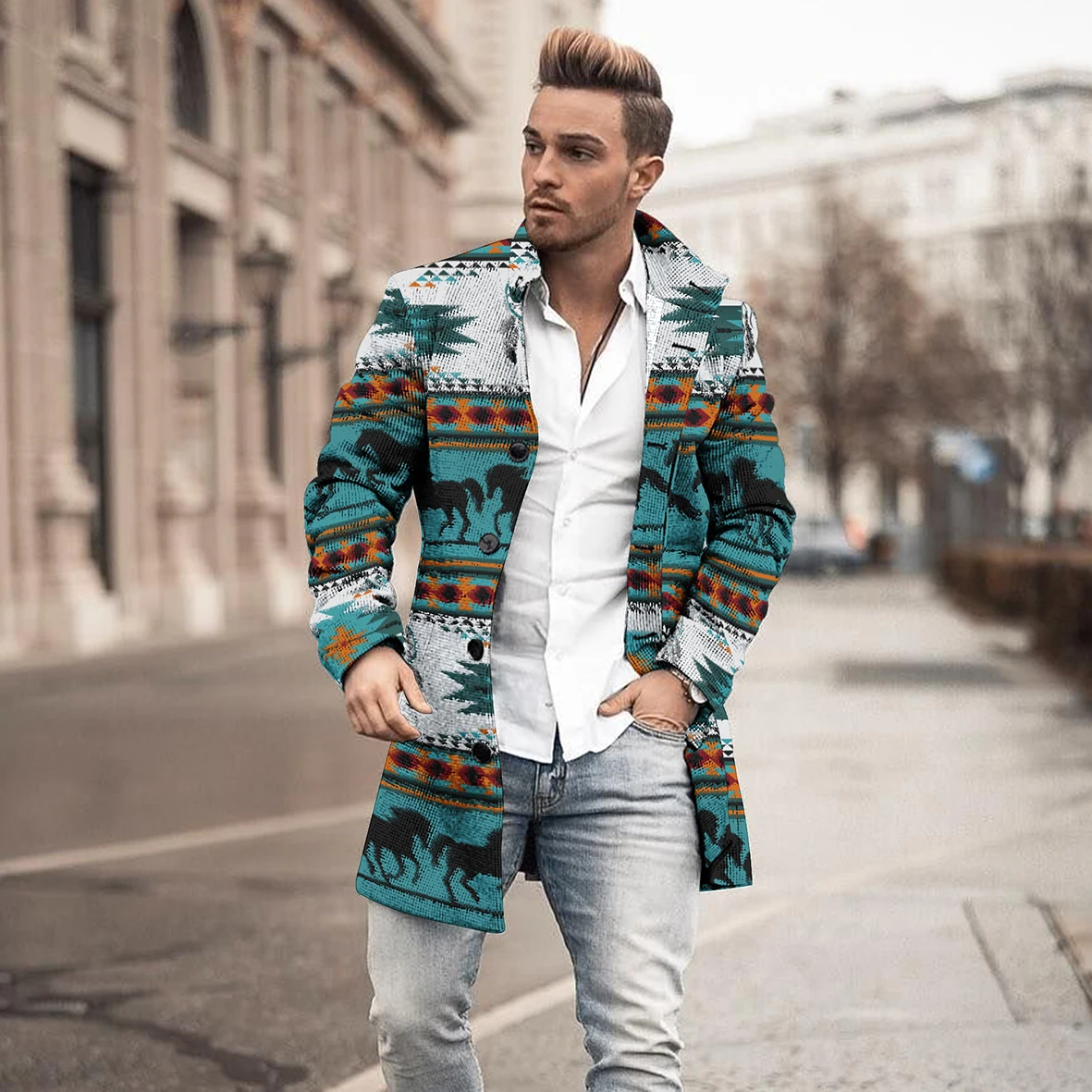 Mao Li Collar 3D Printing Mid Length Coat Pocket Casual Coat 2023 European and American Autumn and Winter New Men's Jacket