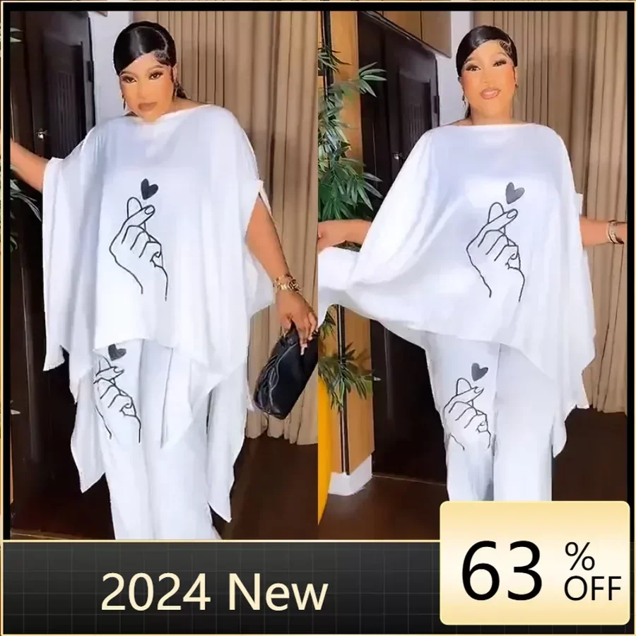 2 Piece Set African Clothes for Women Summer Elegant African Plus Size Top Long Pant Matching Sets Muslim Suit Africa Clothing new 2pc african traditional o neck outfit dashiki muslim costume for men luxury brand clothing full pant sets to dress kaftan