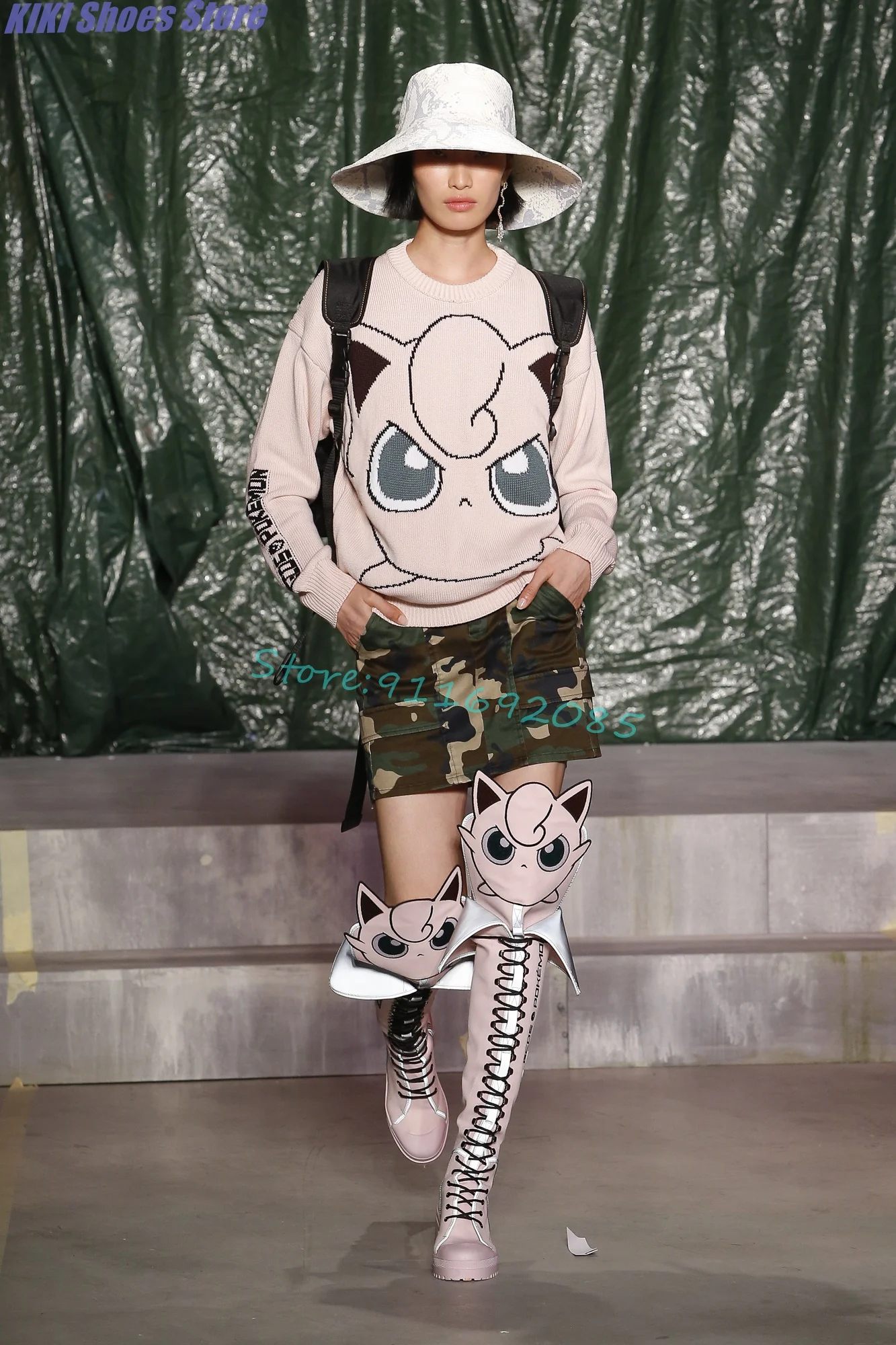 

Autumn new Pikachu fat Ding boots lace-up high-heeled luminous waterproof platform zipper same style over-the-knee boots