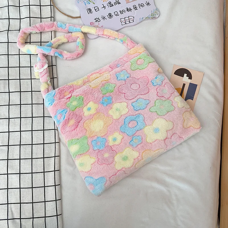 Fashion Flowers Shoulder Crossbody Bags For Women Soft Plush Shopper Totes Female Large Capacity Handbag Warm Fluffy Bucket Bags