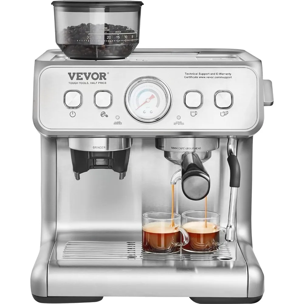 Espresso Machine- Built in Grinder, 15 Bar Semi-Automatic Espresso Coffee Maker & Milk Frother Steam Wand