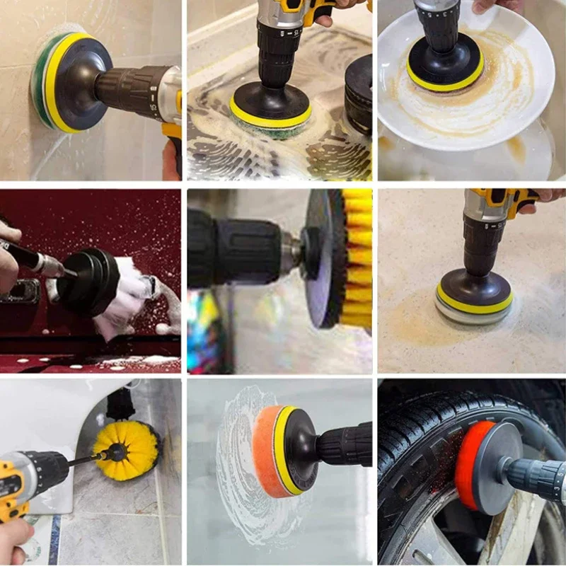 22Pcs Electric Drill Brush With Extension Rod Car Polisher Bathroom Carpet Glass Round Scrubber Brush Household Cleaning Tools