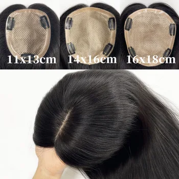 Topper per capelli umani con base in seta, capelli Remy europei lisci, completamente annodati a mano, morbidi e traspiranti, con clip per donna