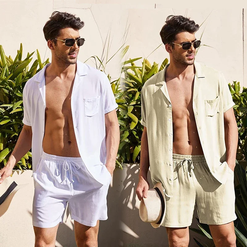 New Summer Men's Short Sleeve Shirt Shorts Suit Solid Color Leisure Lapel Button Shirt Suit Beach Holiday Party Cardigan Shirt