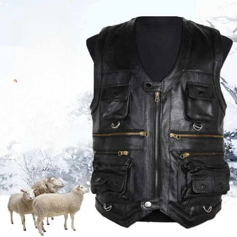 2023 Spring Autumn Men New Genuine Leather Vest Male Multiple Pockets Sleeveless Coats Men V-neck Real Sheepskin Waistcoat D418