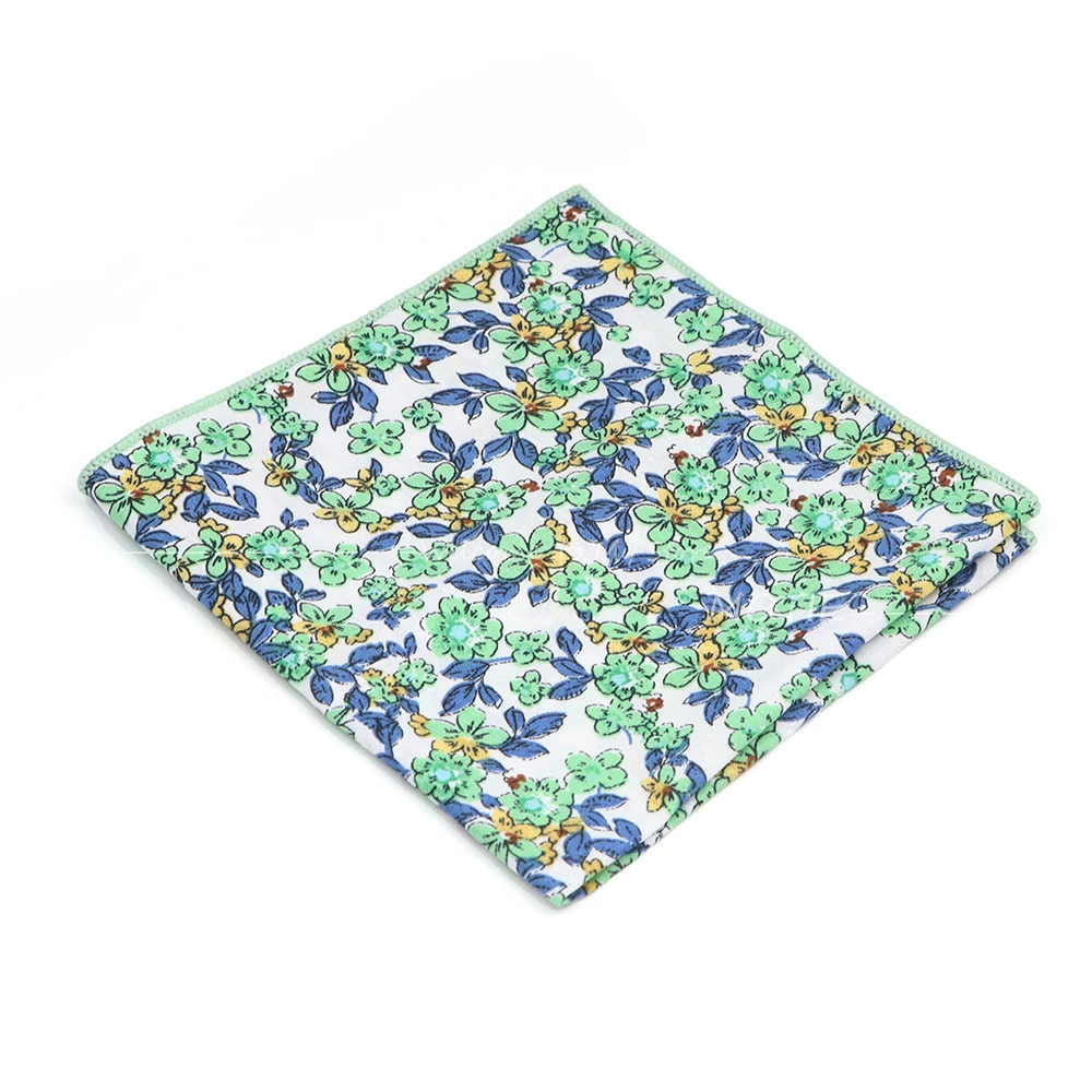 Cotton Floral Pattern Handkerchiefs Green Flower Pocket Square Hanky Cravat For Business Wedding Party Shirt Accessories