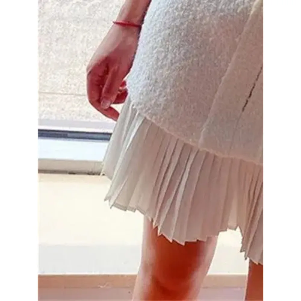 

Ladies Pleated Female Zipper Short Dresses with Sashes Women Tweed Tassel Stitching Short Sleeve Mini Dress