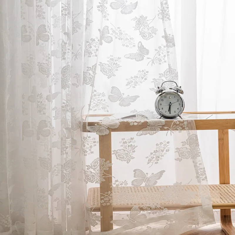 

French Retro Butterfly Flower Lace Tulle Curtain For Living Room Bedroom American Pastoral White Sheer Drapes For Kitchen Door