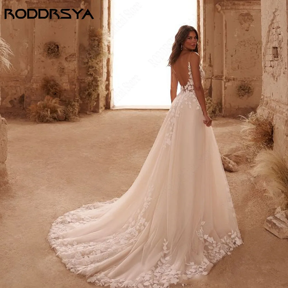 RODDRSYA Spaghetti Straps Glitter Wedding Dresses V-Neck Shiny Tulle With Applique Backless Bohemia Lace Bridal Gowns Plus Size image_2