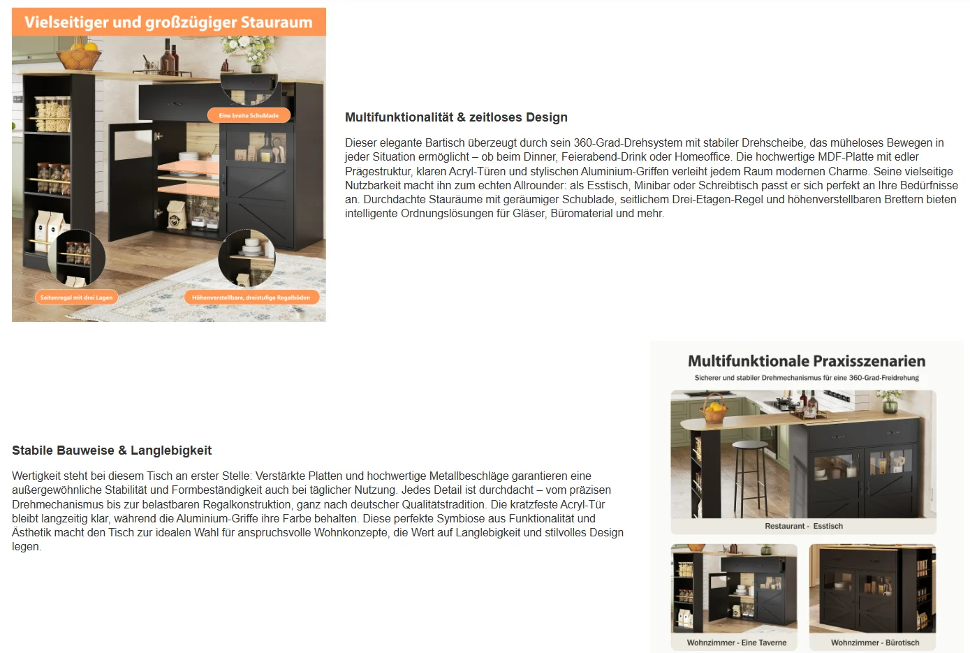 PINGGO-Ausziehbarer Bartisch mit Stauraum, 360 ° Drehbarer Esstisch, Mobiler Bartisch, Hochbeiniger Kücheninsel-Tisch – Detail 2