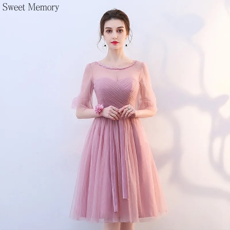 

F79 Sweet Memory 6 Styles Pink Short Brdeismaid Dress Knee-Length Tulle Net Graduation Gown Bride Sisters Wedding Party Dresses