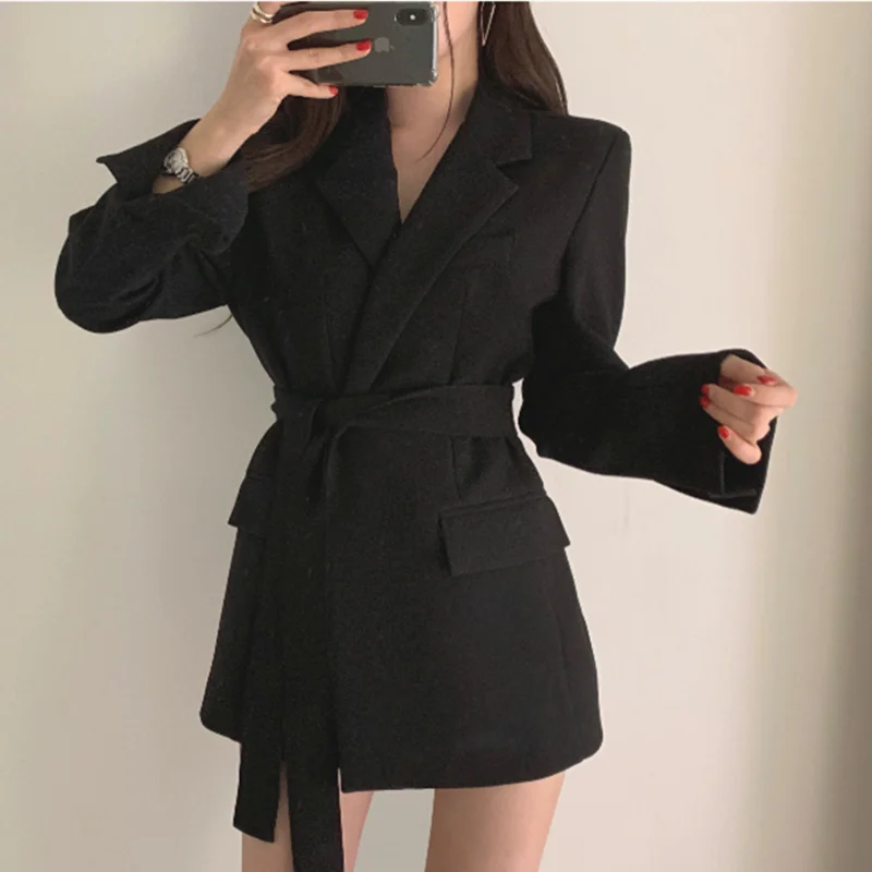Women's Spring 2023 Fashion Blazer Slim Fit Business Blazer and New Tie Waist Jacket Retro Khaki Black Ladies Cardigan Tops