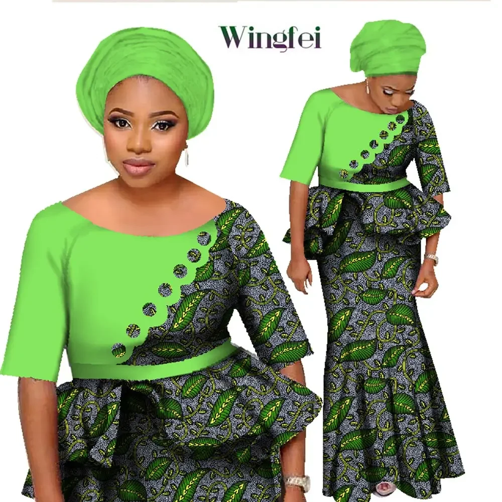 African Clothes for Women 3 Pieces Set Lady Crop Tops and Long Skirt with African Headwrap Dashiki Clothing WY1252