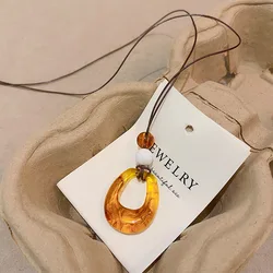 Elegant Vintage Resin Pendant Necklace - Long Rope Sweater Chain Jewelry (Brown)