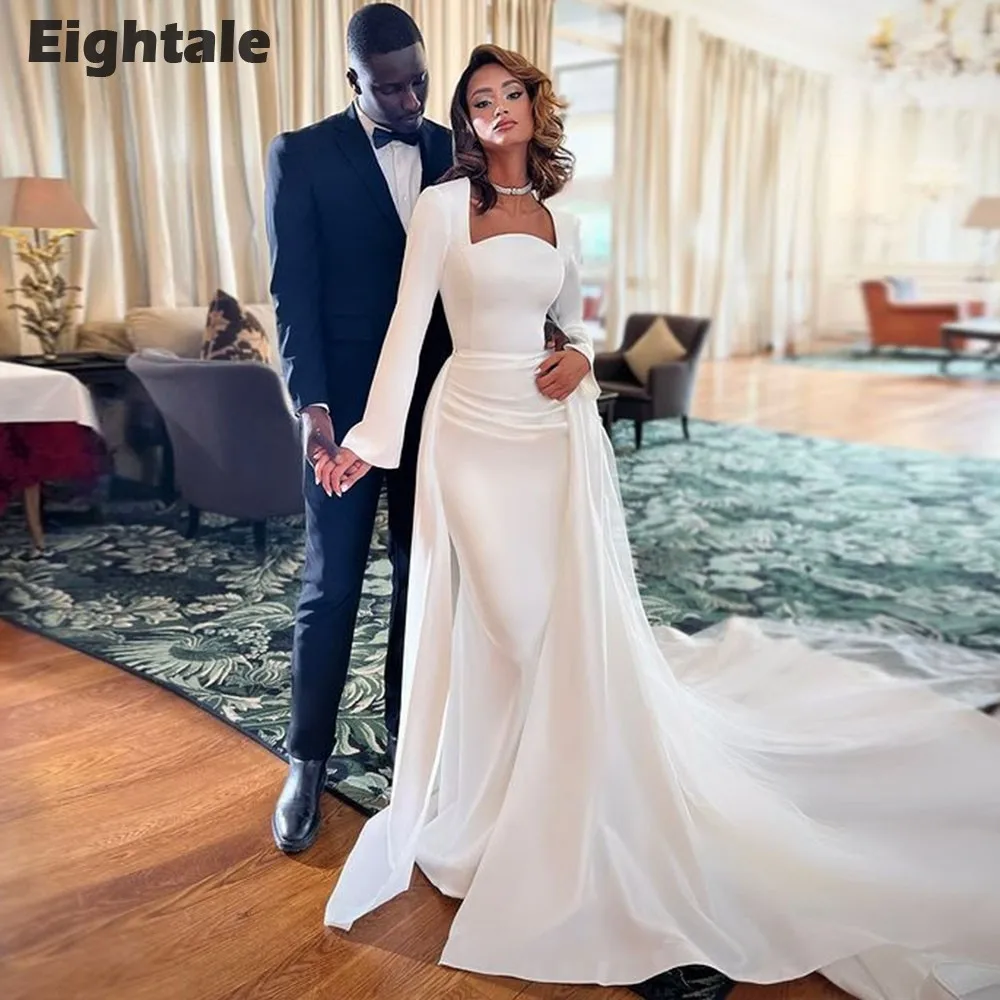 Eightale Elegant Wedding Dress with Detachable Skirt Arabic Customized  Satin White Ivory Mermaid Long Sleeves Bridal Gown - AliExpress 320