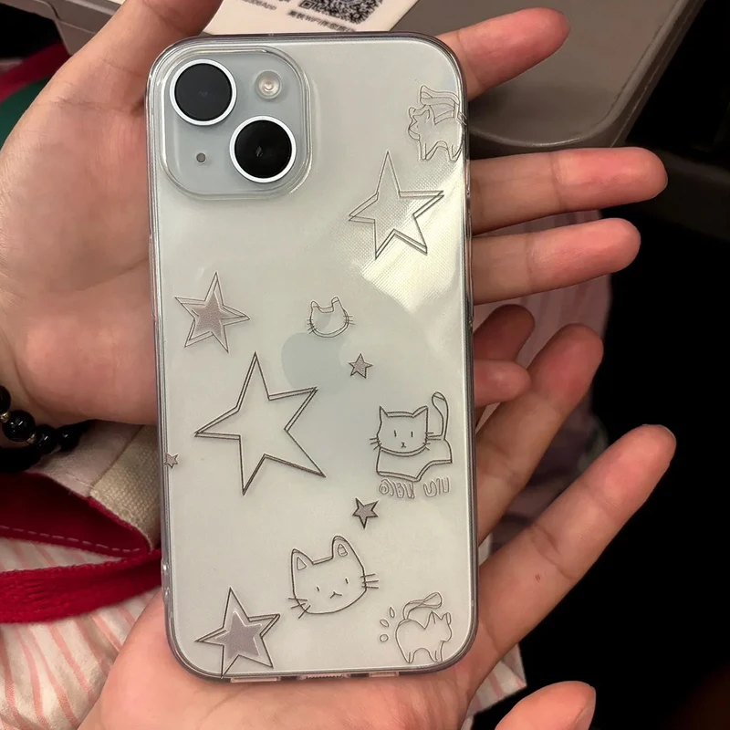 Charming Kawaii Cat & Stars Soft TPU Phone Case - Clear & Cute Design
