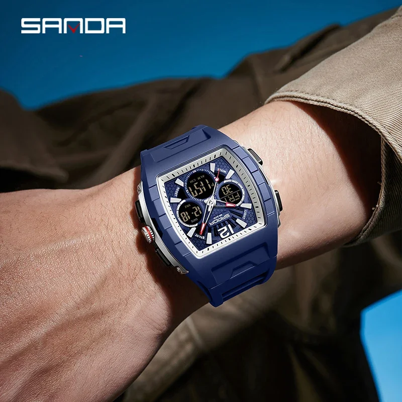 SANDA New Dual Display Watch for Men Sport 5Bar Waterproof LED Luminous Analog Digital Alarm Clock Electronic Quartz Men Watch - 3