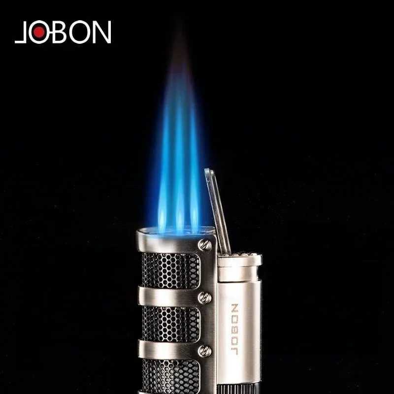 

JOBON Metal Outdoor Blue Flame Three Fire Direct Charge Turbojet Lighter Windproof Butane Gas Lighter Cigar Cutter Men's Tool