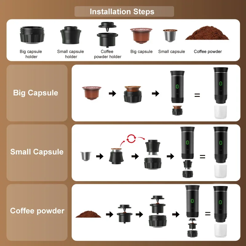 Wireless Electric Portable Espresso Coffee Machine for Car & Home Camping Coffee Maker 3-in-1 Capsule Powder Travel Maker