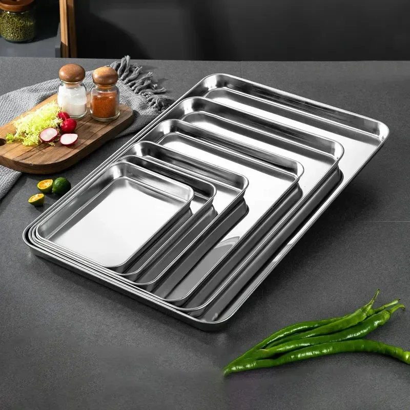 1Pc Stainless Steel Dish Household Stainless Steel Vermicelli Dish Thickened Rectangular Flat Bottom Liangpi Dish Barbecue
