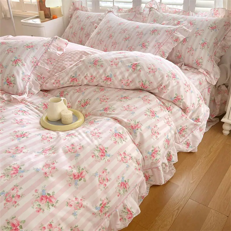 Bonenjoy Pink Color Duvet Cover with Ruffles 100%Cotton Flower Printed housse de couette for Girls Pure Cotton Bed Cover King 6