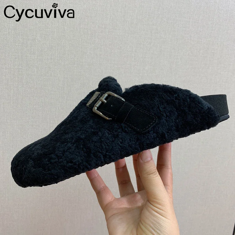 

Designer Brand Platform Half Slippers Women Wool Buckle Holiday Beach Flat Shoes Summer Casual Comfort Party Walking Shoes Women