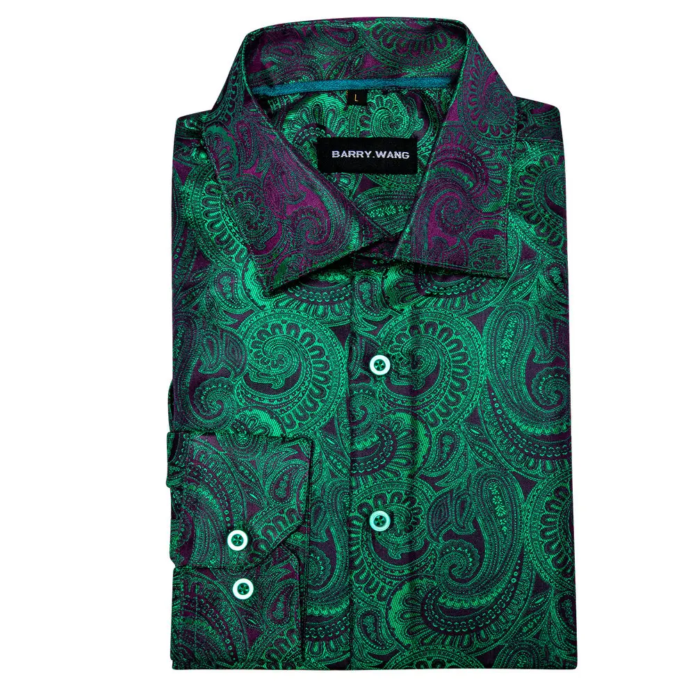 Luxury Silk Shirts for Men Green Paisley Long Sleeved Embroidered Tops Formal Casual Regular Slim Fit Blouses Anti Wrinkle 615