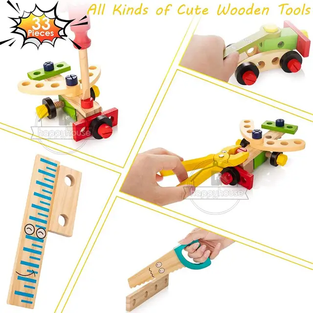 Kids Wooden Toolbox Pretend Play Set Educational Montessori Toys Nut Disassembly Screw Assembly Simulation Repair Carpenter Tool 6