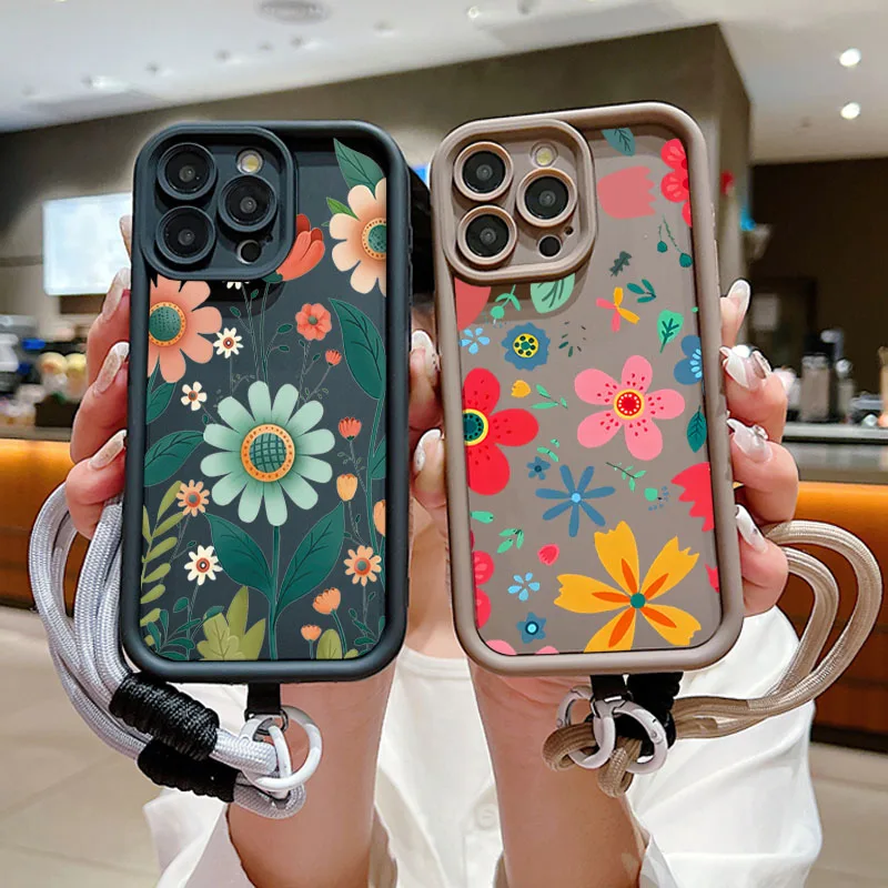 Charming Floral Lanyard Rope Silicone Phone Case - Soft Cover