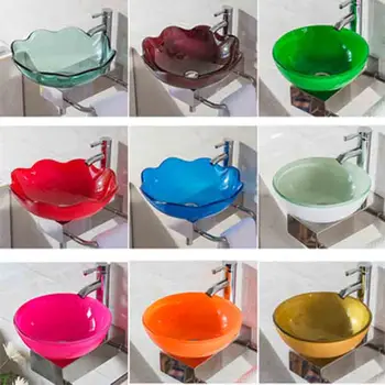 อ่างล้างหน้าติดผนังทรงกลมขนาด 31 ซม. พร้อมชั้นวางอ่างล้างหน้ากระจกนิรภัยอ่างล้างหน้าห้องน้ำอ่างล้างหน้าติดผนังขนาดเล็กพร้อมก๊อกน้ำ 1