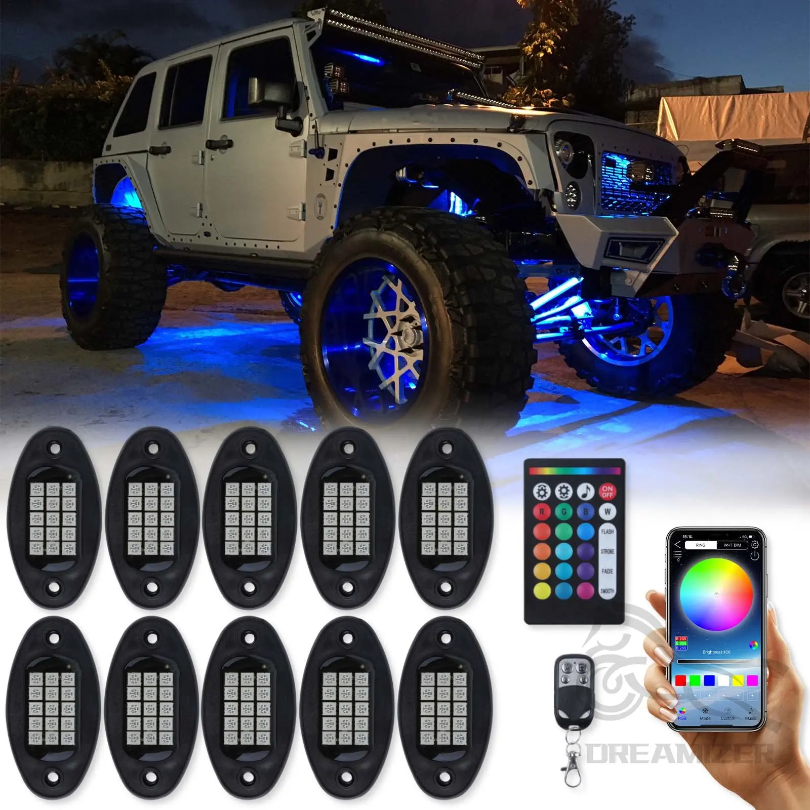 

10 In 1 RGB LED Rock Lights Bluetooth-Compatible APP Control Music Sync Car Chassis Light Undergolw Waterproof Neon Lights