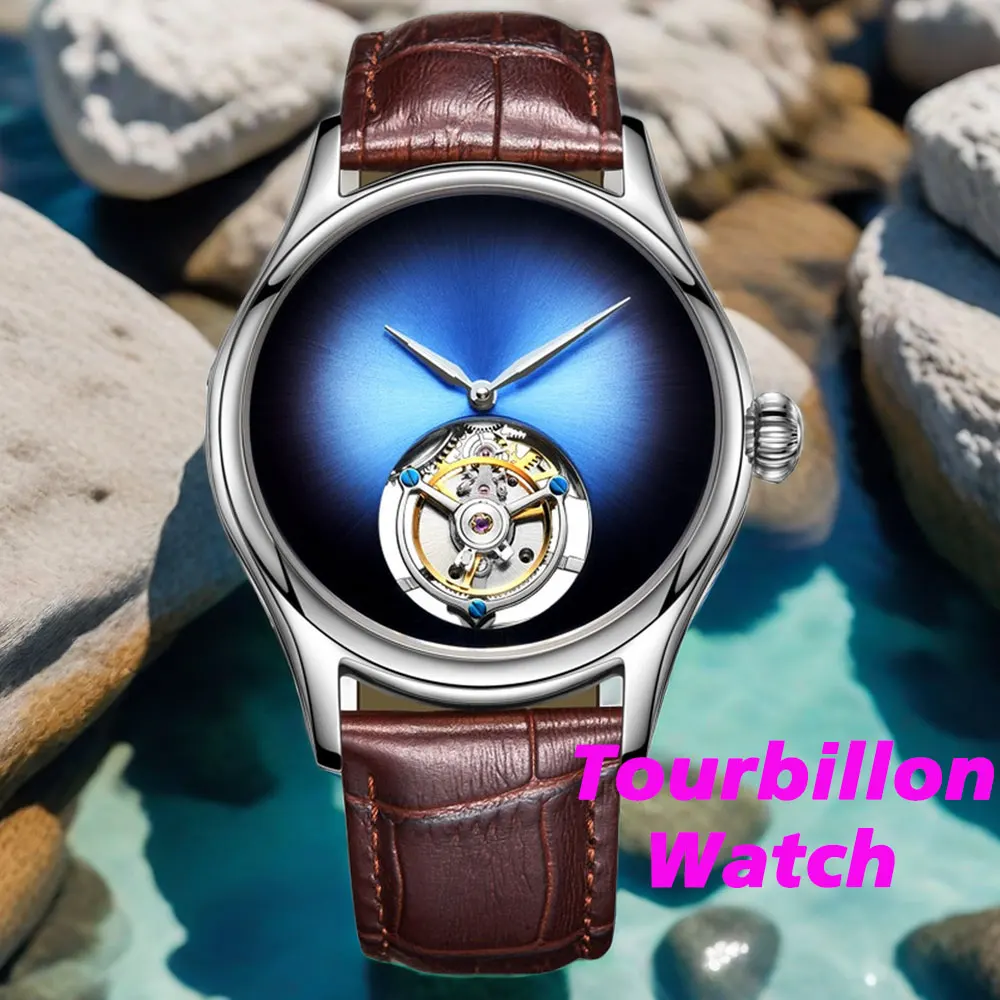 Men's tourbillon watch, leopard eye sapphire glass dial, manual winding movement, men's waterproof silver mechanical watch