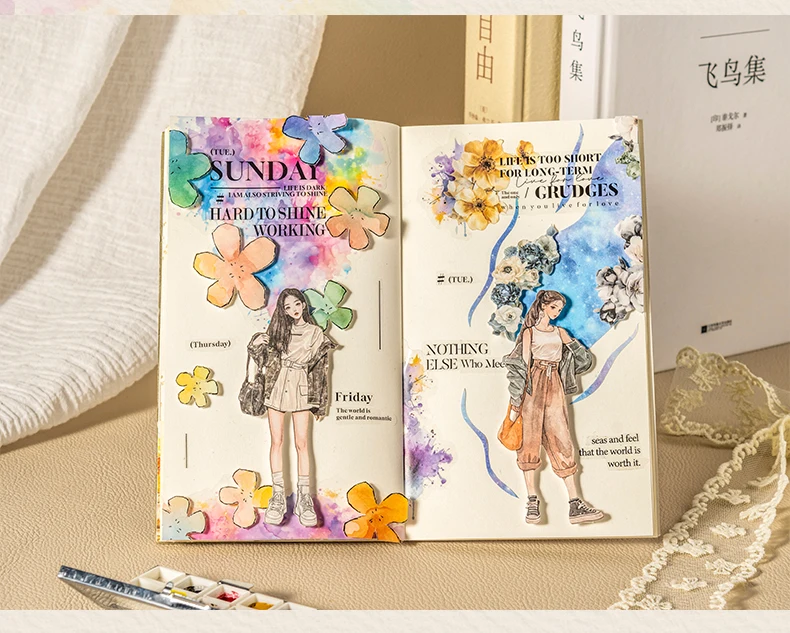 JIANQI 48-teiliges Scrapbook-Set, Aufkleber und dekoratives Papier, Mischung aus DIY-Scrapbooking, Tagebuch, Album, Collagenmaterial, Bastelbedarf – Detail 13
