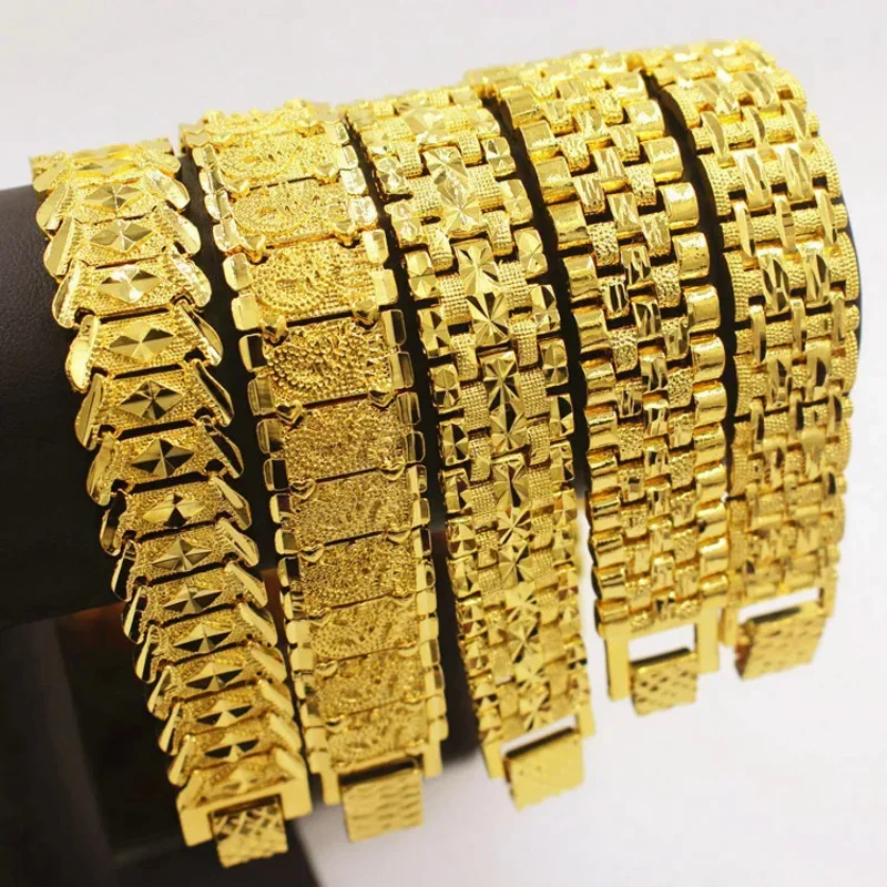 

New European Currency Gold Jewelry Aggressive Men's Wide Bracelet Long-term Fadeless Copper Plated Vietnam Sand Gold Jewelry