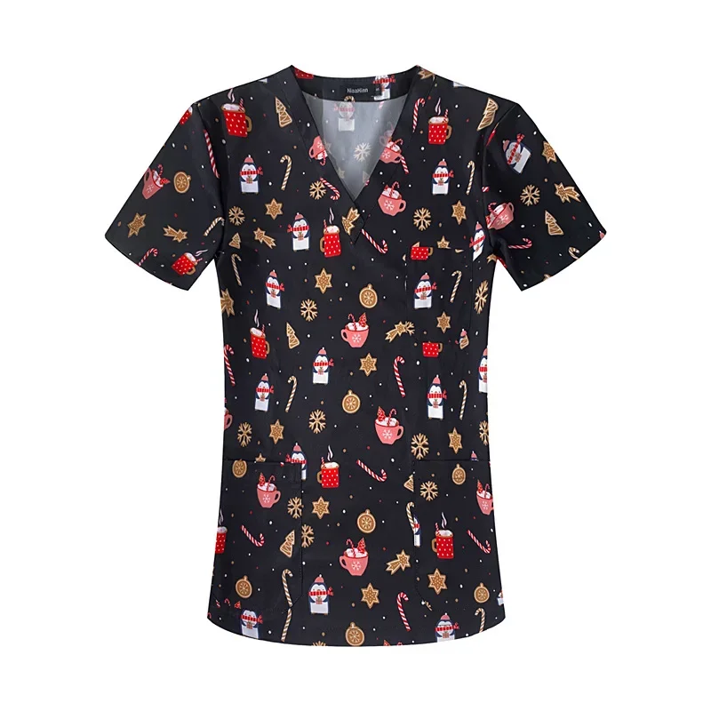 Stretch nurse uniform dental clinic V-neck surgical gown Christmas pet hospital work clothes women's short-sleeved tops