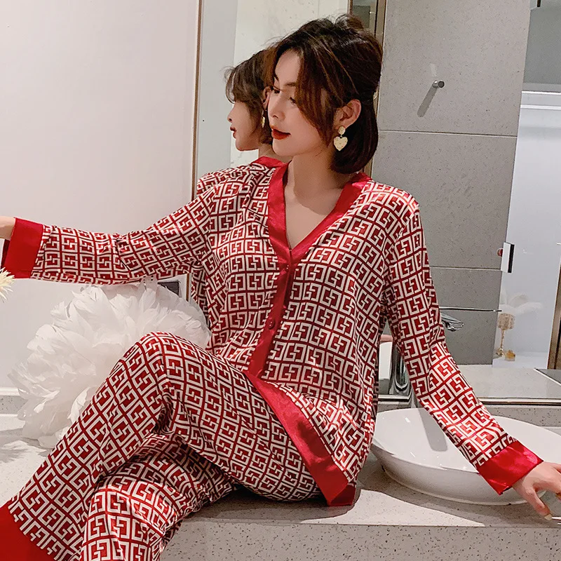 2 piece pajama set women's Silk Pajamas Women's Long Sleeve Trousers Two Piece Ice Silk Pajamas Fashion Silk Ladies Loose Casual Luxury Ladies Homewear cotton pyjama set Pajama Sets