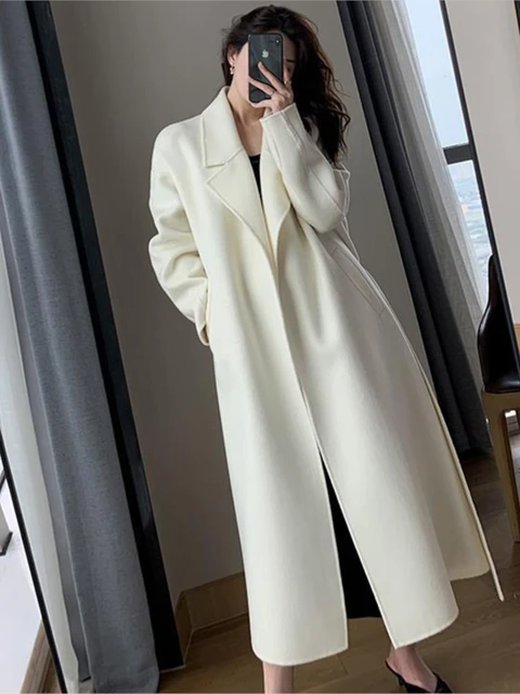 Women Elegant Long Wool Coat With Belt Solid Color Long Sleeve Jackets Chic  Outerwear Ladies Overcoat