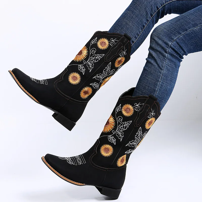 Women Flower Embroidery Shoes Slip-on Riding Boots Lady Square Heel Mid-Calf Boot Female Winter Thin Plush Shoe Zapatos De Mujer