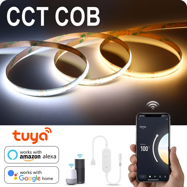 608LEDs/M CCT Smart lamp DC24V COB LED Strip Light With Tuya Smart Life WIFI Control Warm White/Natural White/White Alexa Google